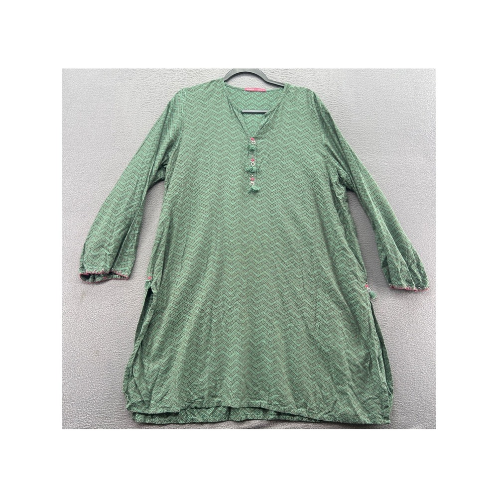 Generation Classic Green Geometric Tassel Tunic Kurti Top Pink Accents Size 16